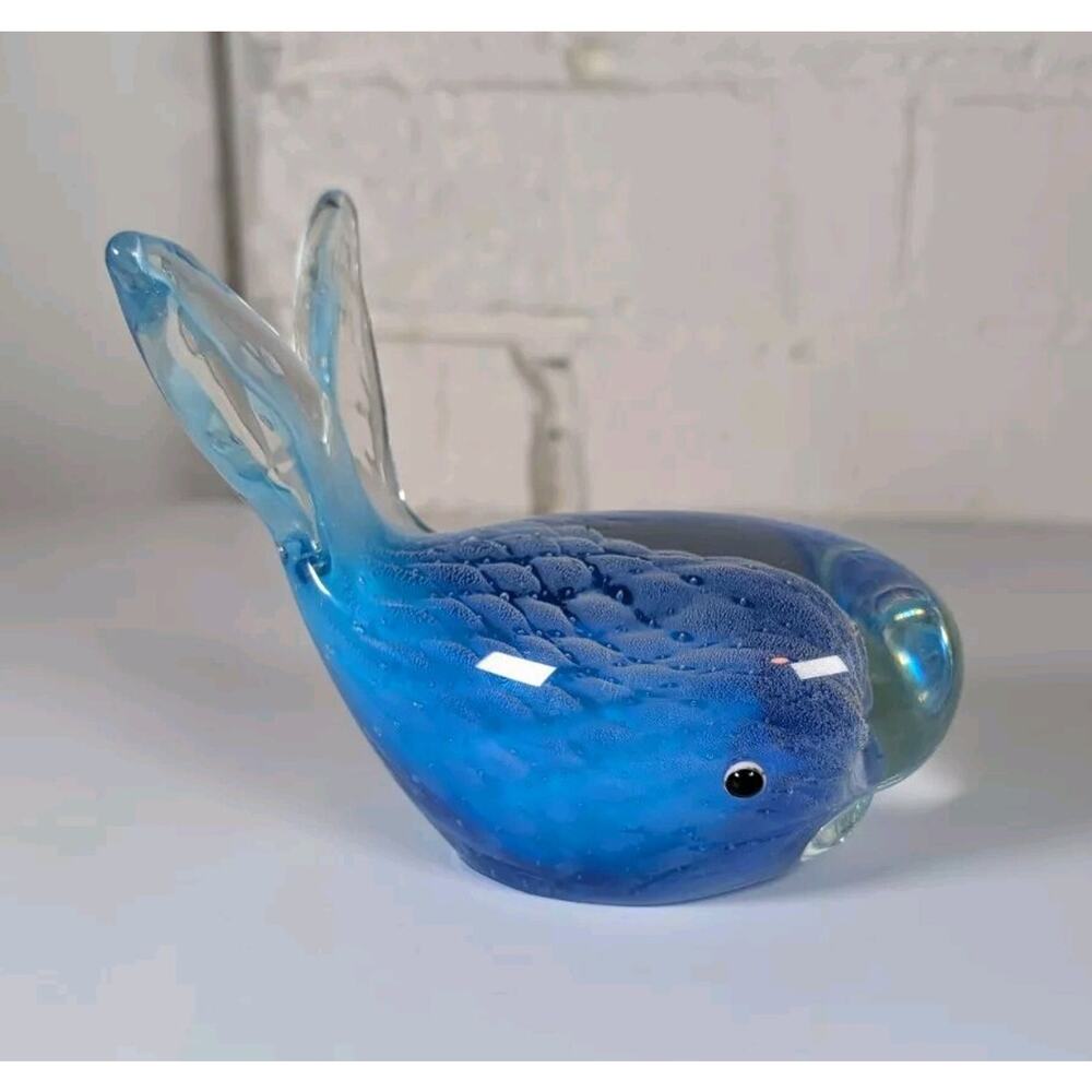 VTG Murano Glass Blunique Blue Whale Ocean 4" Tall Paperweight White Decor